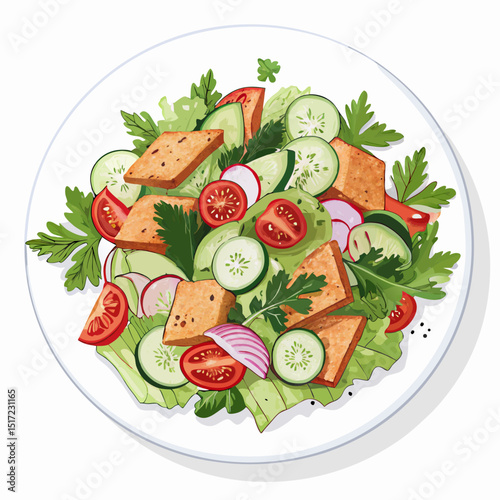 Create a bold, vector illustration of a vibrant fattoush salad on a plate, emphasizing the crisp textures and fresh ingredients.