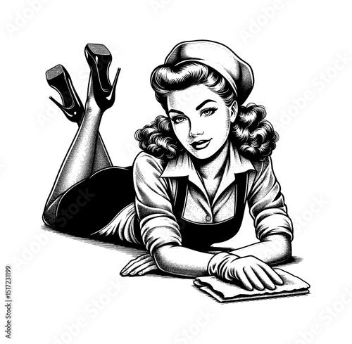 Smiling Pinup Woman in Cleaning Uniform Lying Down in High Heels Black and White Engraving