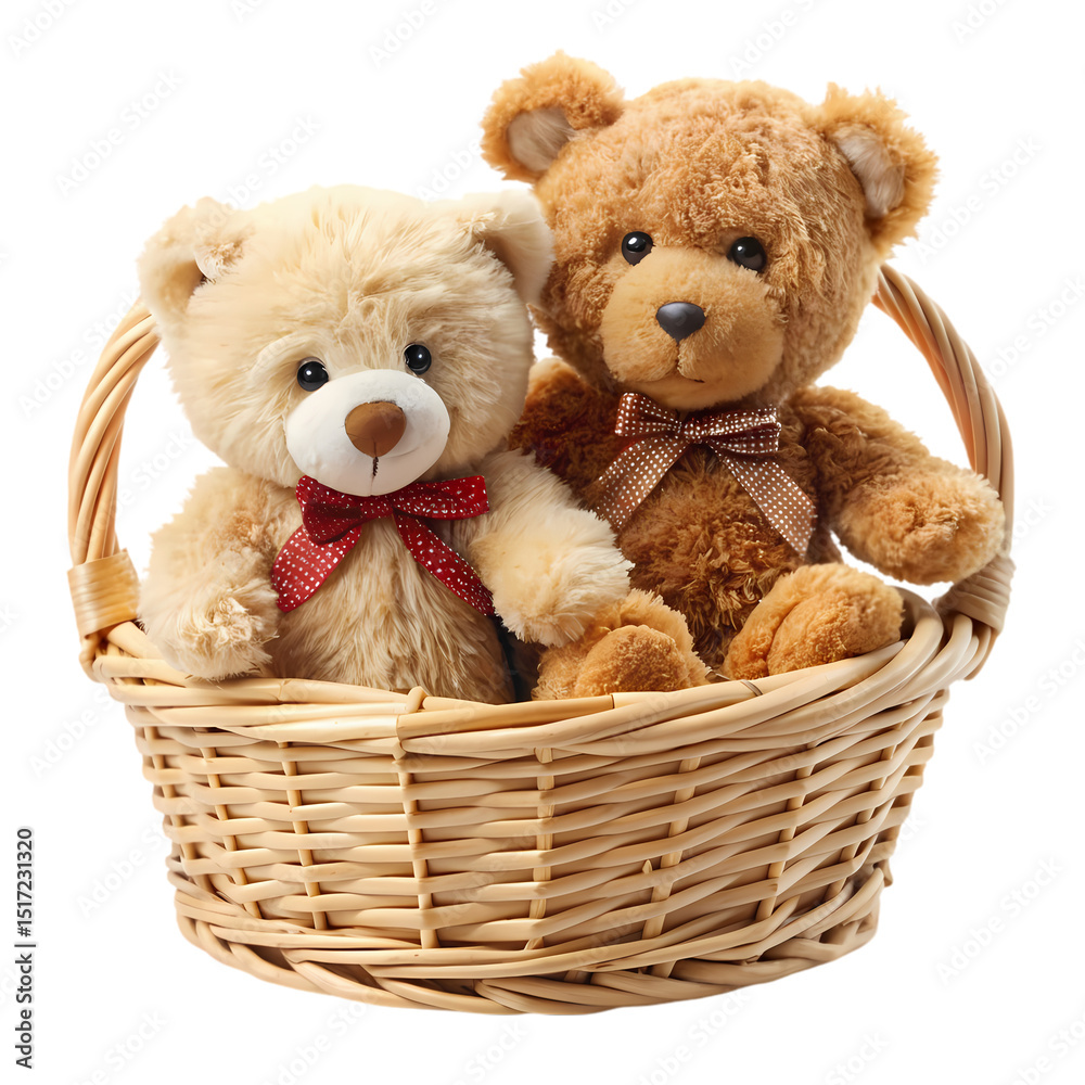 Fototapeta premium A Pair of Plush Teddy Bears Nestled in a Wicker Basket A Charming Gift Presentation isolated on transparent baackground