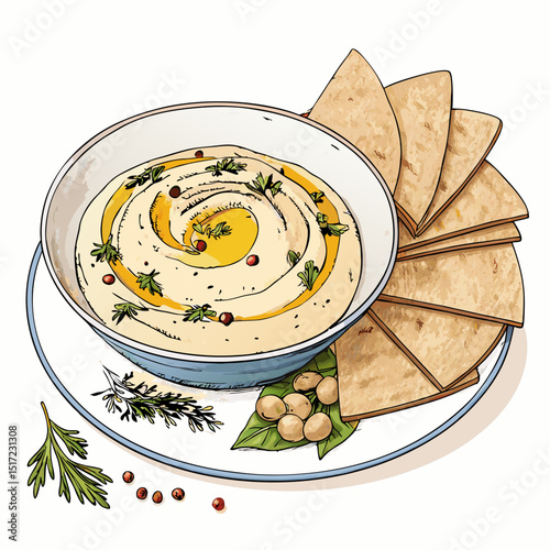 Create a bold vector illustration of a plate of hummus with pita bread, emphasizing thick, strong outlines.  Include details like olive oil drizzle and paprika.