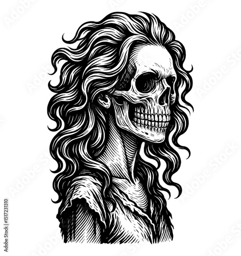 Detailed Engraving of a Skull with Long Wavy Hair in Black and White Side View