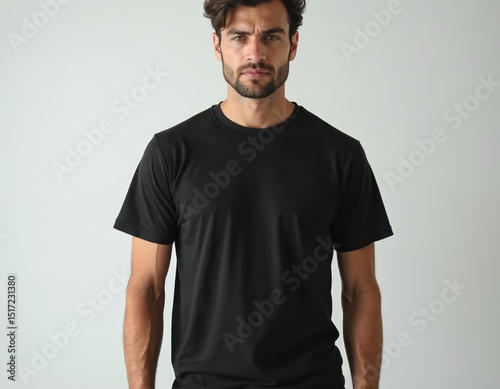 Wallpaper Mural Handsome man wears plain black t-shirt. Simple, modern style for casual wear, layering. Perfect for everyday fashion, creating minimalist look. Male model posing in studio. Torontodigital.ca