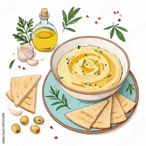 Create a bold vector illustration of a plate of hummus with pita bread, emphasizing a thick, striking outline.