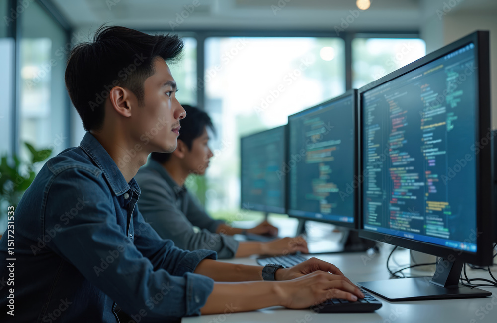 Asian software developers work on multiple screens displaying code in modern office. Team collaborates on project, writing code. Startup engineers, coders, programmers focused on jobs. Agile Asian software developers work on multiple screens displaying code in modern office. Team collaborates on project, writing code. Startup engineers, coders, programmers focused on jobs. Agile