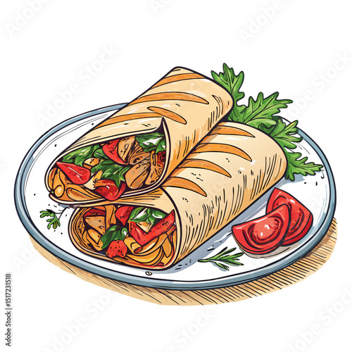 Create a bold vector illustration of a plate of delicious shawarma, emphasizing textures and vibrant colors.  Include meat, vegetables, and sauces.