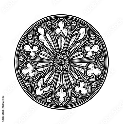 Detailed black and white engraving of a gothic rosette window with floral elements.