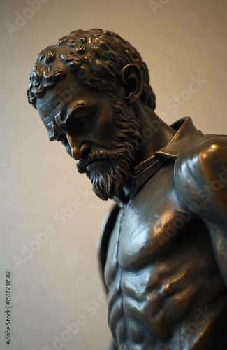 Bronze sculpture represents Dismas, known as Good Thief, crucified alongside Jesus. Dramatic lighting enhances details of beard, face expression. Artwork reflects faith. Close up of face with intense photo