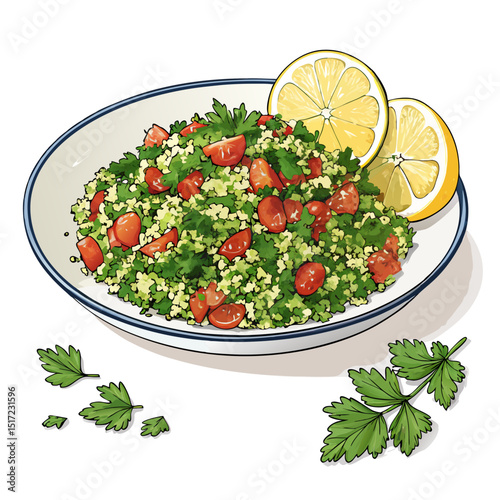 Create a bold vector illustration of a plate overflowing with vibrant tabbouleh, emphasizing the parsley and textured bulgur.