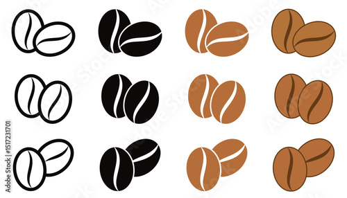 Coffee Bean Icon Set – Roasted Brown Coffee Seed Collection in Flat Vector Style