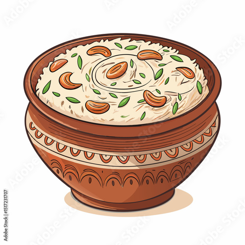 Create a bold vector illustration of Arabic spiced rice, emphasizing texture and vibrant colors.  Include individual grains for detail.
