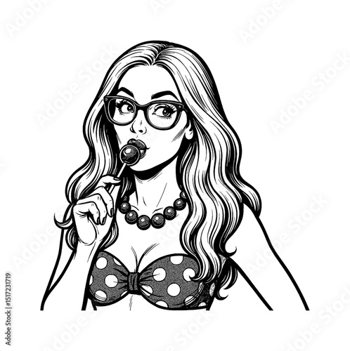 Blonde Woman with Glasses Licking Lollipop Wearing Polka Dot Bikini Top in Black and White Art