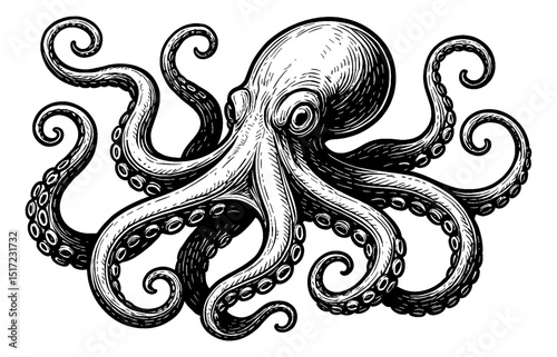 Detailed Engraving Style Illustration of an Octopus with Curled Tentacles on a White Background