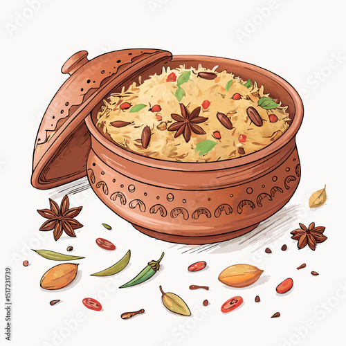 Create a bold vector illustration of spiced Arabic rice, emphasizing texture and vibrant colors.  Include individual grains for detail.