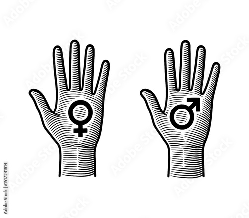 Male and Female Hand with Gender Symbols, Conceptual Black and White Vector Illustration