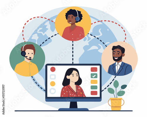 Create a bold vector illustration of a diverse remote team collaborating online, showcasing vibrant colors and strong outlines.