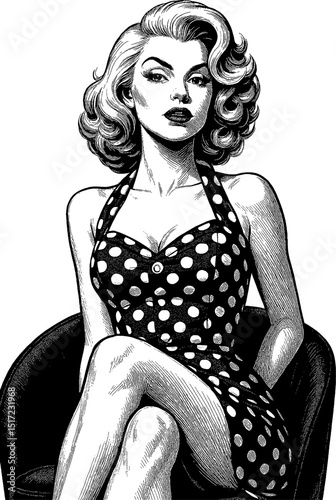 Confident Caucasian Woman in Polka Dot Dress Sitting in Chair Pinup Style Engraving