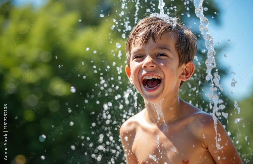 Obraz premium Happy boy laughing as water splashes him. Child enjoys summer day outdoors. Playful kid smiling, having fun. Summer vacation, water fun activities, splash, wet, refreshing.