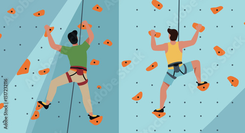 Rock Climbing Indoor Activity with Two Climbers on Blue Wall Using Orange Holds 