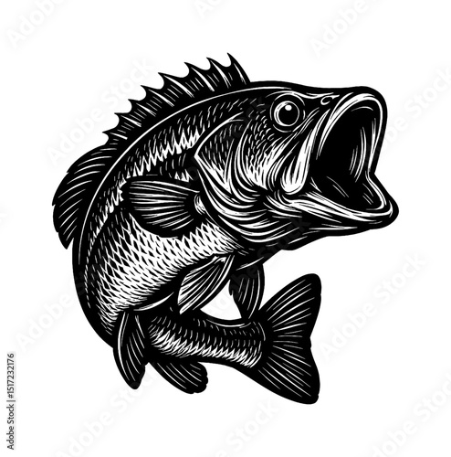 Black and White Engraved Illustration of a Fish with its Mouth Open