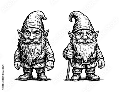 Illustration of two gnomes with long beards wearing hats and coats in black and white photo