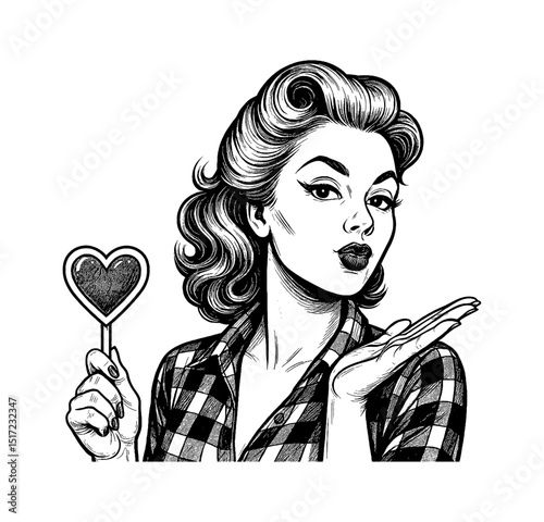 Pinup Woman with Heart Lollipop Blowing a Kiss with Retro Hairstyle and Checked Shirt
