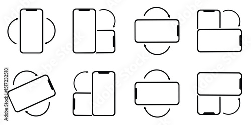 Rotate Mobile Phone Icon Set – Device Rotation and Screen Turn Symbols Collection in Flat Vector Style