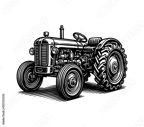 Illustration of vintage tractor with detailed vector drawing in black and white color isolated