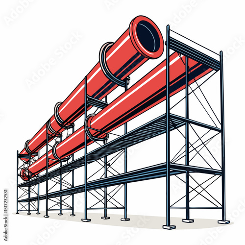 Create a bold, vector illustration of a series of industrial pipes, emphasizing thick outlines and strong contrasts.  Include various pipe diameters and angles.