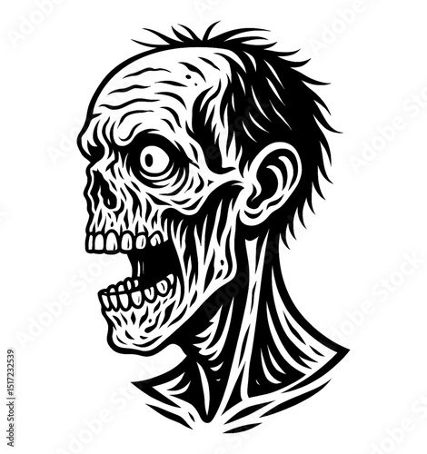 Scary Zombie Head Screaming with Open Mouth in Black and White Illustration