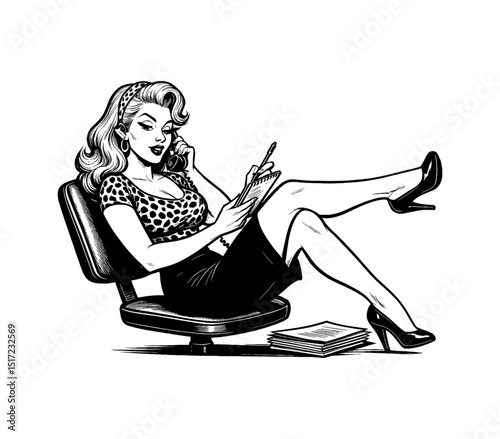 Elegant pinup woman talking on the phone and taking notes while relaxing on chair