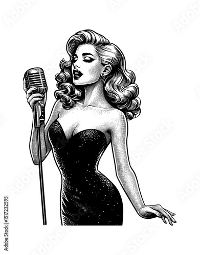 Elegant Woman Singing into Microphone with Vintage Style in Black and White Engraving