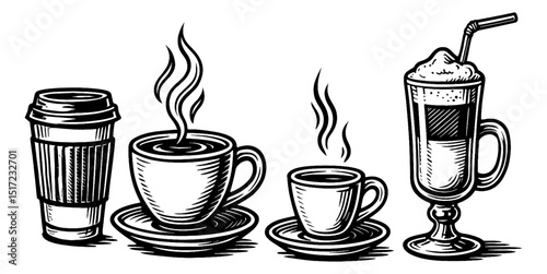 Vector art of several type of coffee with smoke in black and white color