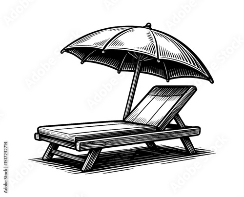 Beach Chair and Umbrella Engraving Style Illustration for Relaxation in Black and White Art