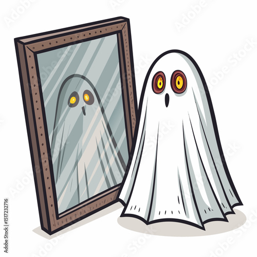 Create a vector illustration of a bold, spooky ghost appearing, with thick black outlines and a slightly transparent white fill.