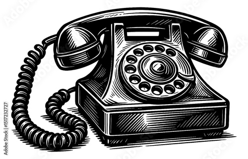 Detailed Black and White Engraving of a Vintage Rotary Dial Telephone