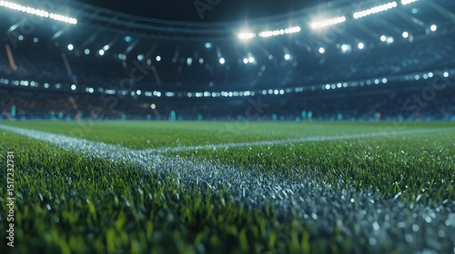 Close-up view of a soccer field at night.