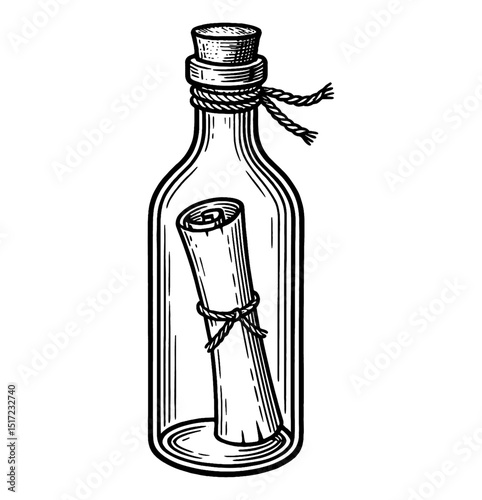 Message in a bottle with cork and rope, vintage style drawing isolated on white background