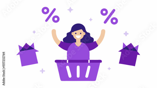 Basket Full of Savings A cheerful shopper with a full shopping basket looking up as large purple discount signs float beautifully around embodying a sense of luck and fortune.