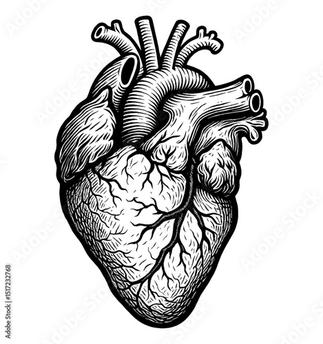 Engraved Illustration of Anatomical Human Heart Isolated on White Background