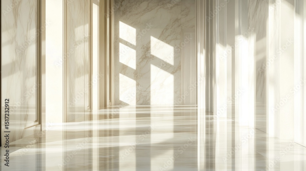 Obraz premium Bright rays of sunlight illuminate a shiny marble hallway with minimalist design elements, generative ai