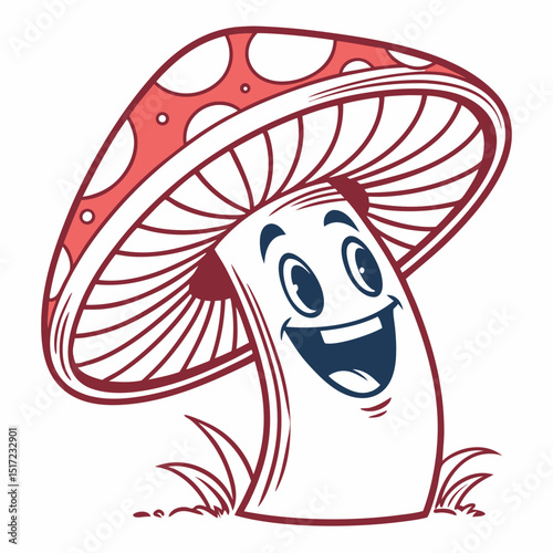 Cartoon Mushroom Character with a Happy Face and Spotted Cap Illustration