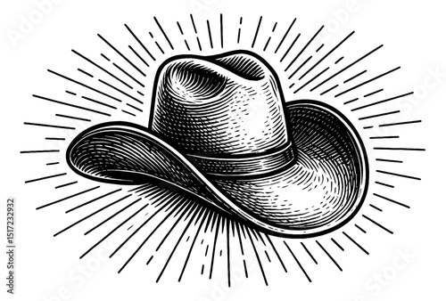 Detailed Engraving of a Classic Cowboy Hat with Ornamental Rays Isolated on White