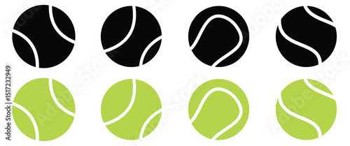 Tennis Ball Icon Set – Flat and Realistic Green Sport Ball Designs Vector Collection