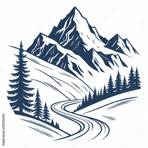 Monochrome Mountain Landscape with Winding Road and Evergreen Trees Illustration