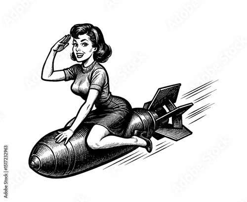 Retro Pinup Woman Riding a Missile Smiling and Saluting in Black and White Illustration