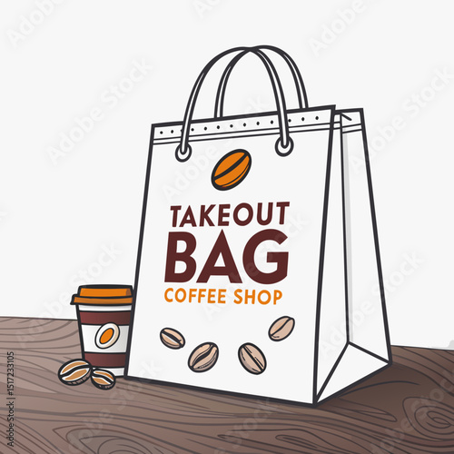 Create a bold, vector illustration of a takeout food bag with contrasting colored stripes, emphasizing a strong outline.