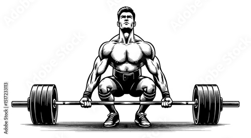 Weightlifter Preparing to Lift Barbell in Black and White Illustration Style