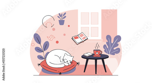 Cat resting on cushion in cozy pink and purple living room illustration vector 