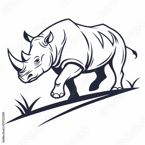 Monochrome Vector Illustration of a Rhinoceros Walking Through Grass