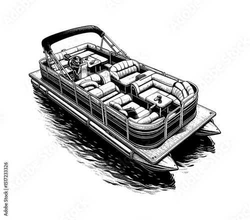 Detailed Black and White Engraving of Pontoon Boat on Water Viewed From Above